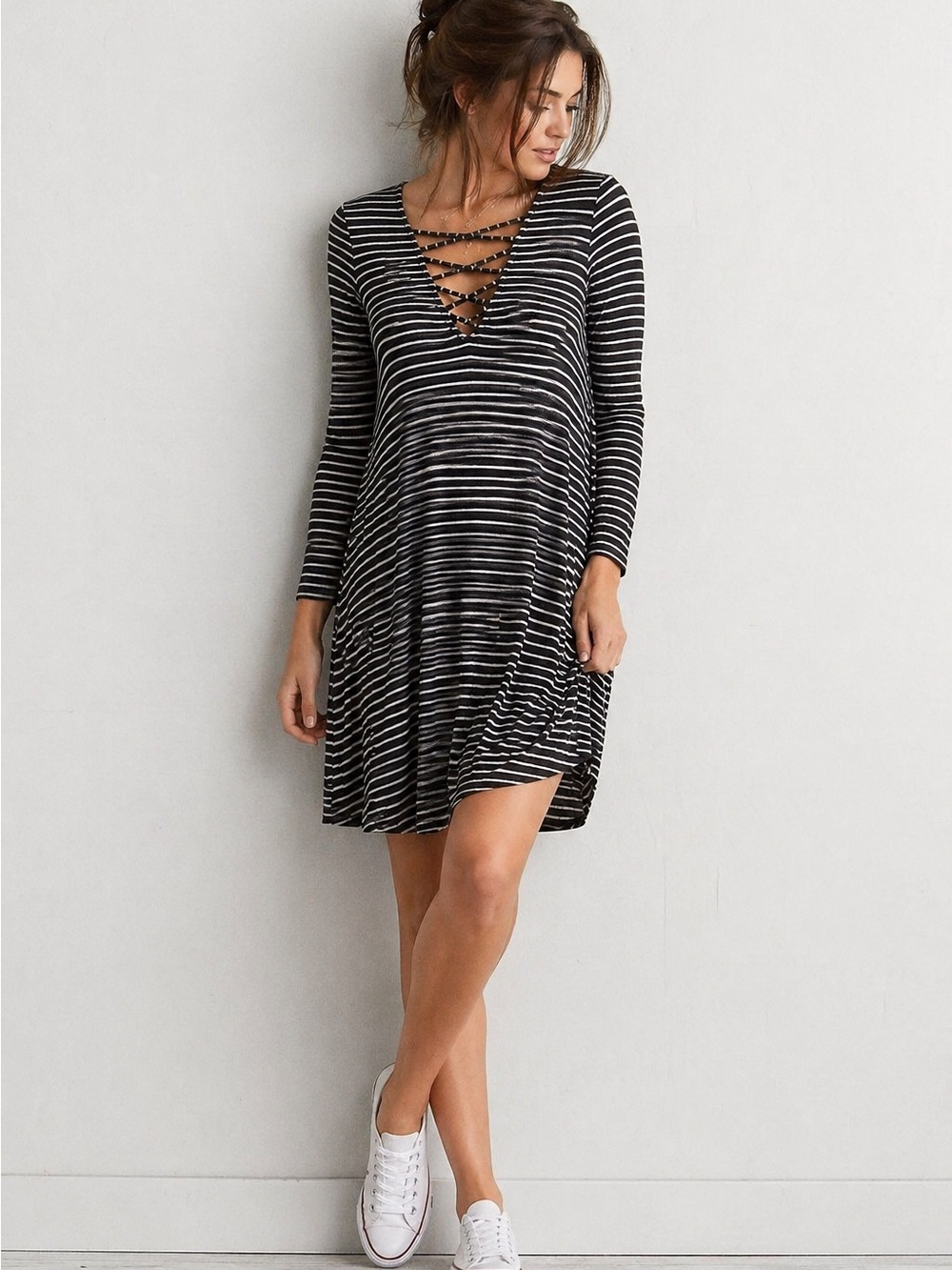 American Eagle Striped Ribbed Cross Neck Long Sleeve Dress